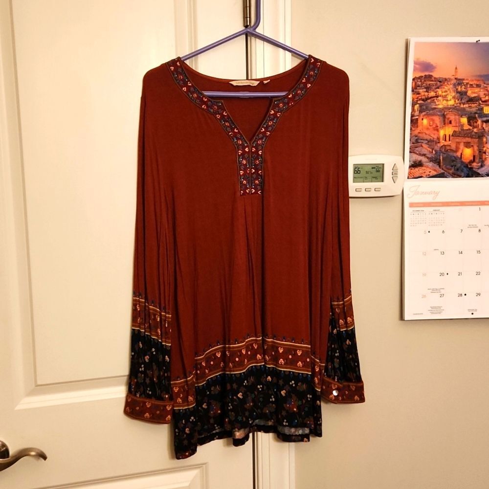 Soft Surroundings Longsleeve Burnt Orange Embroidered Hem Long Tunic Size XL